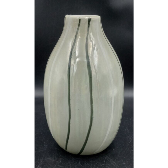 Pretty Lt Sage Green Iridescent Small Vase with Green & White Vertical Lines 5" - Picture 1 of 8